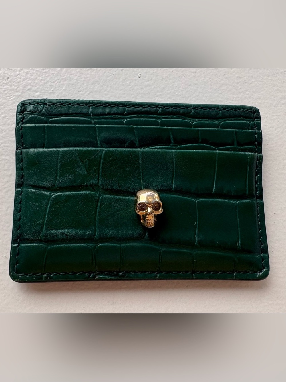 Alexander McQueen Green Croc-Embossed Leather Card Case Wallet with Gold Skull
